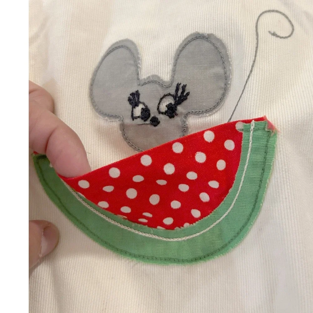 Vintage Antique Baby Bib Cream Linen Mouse Watermelon Pocket